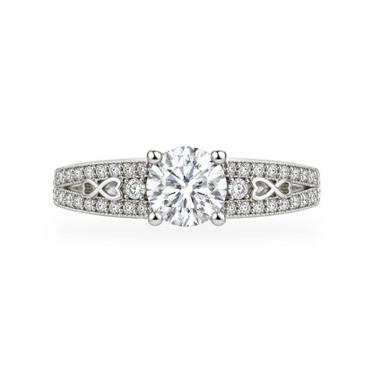 Dolce vintage pave ring in 925 sterling silver with round moissanite and open heart details