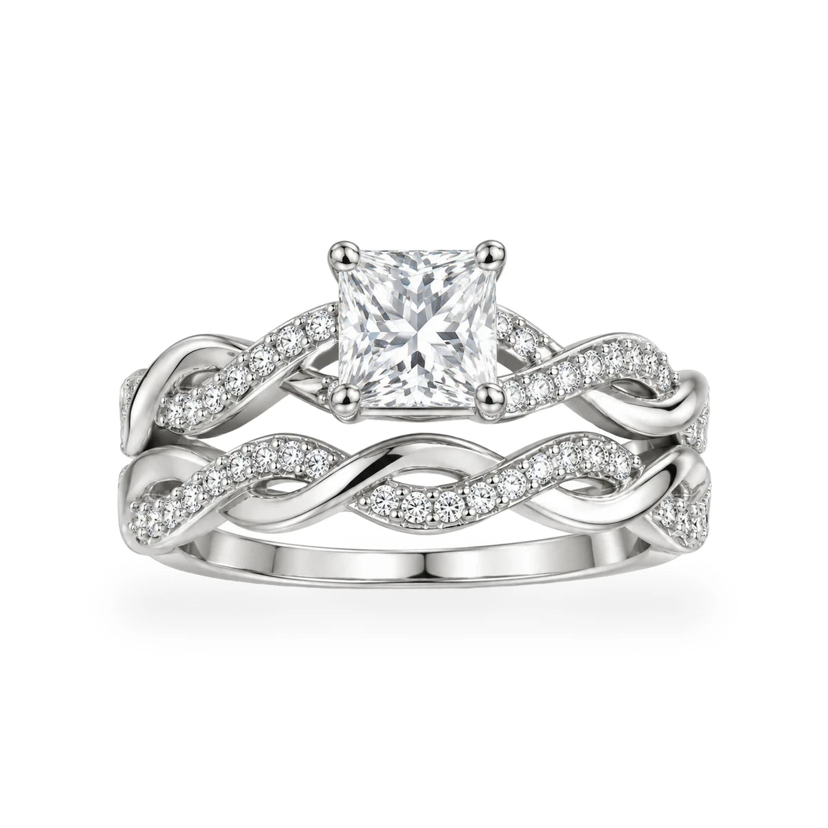 Eterna princess cut moissanite bridal set in 925 sterling silver with twisted pave bands