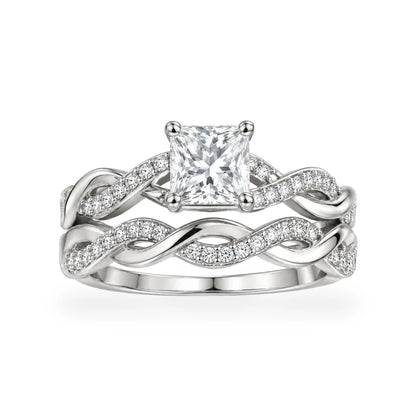Eterna princess cut moissanite bridal set in 925 sterling silver with twisted pave bands