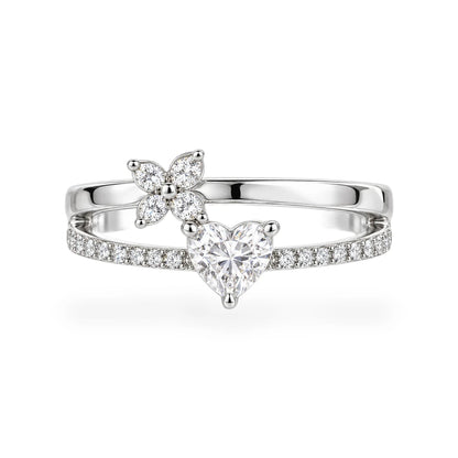 Fiore double band ring in 925 sterling silver with heart moissanite and flower cluster