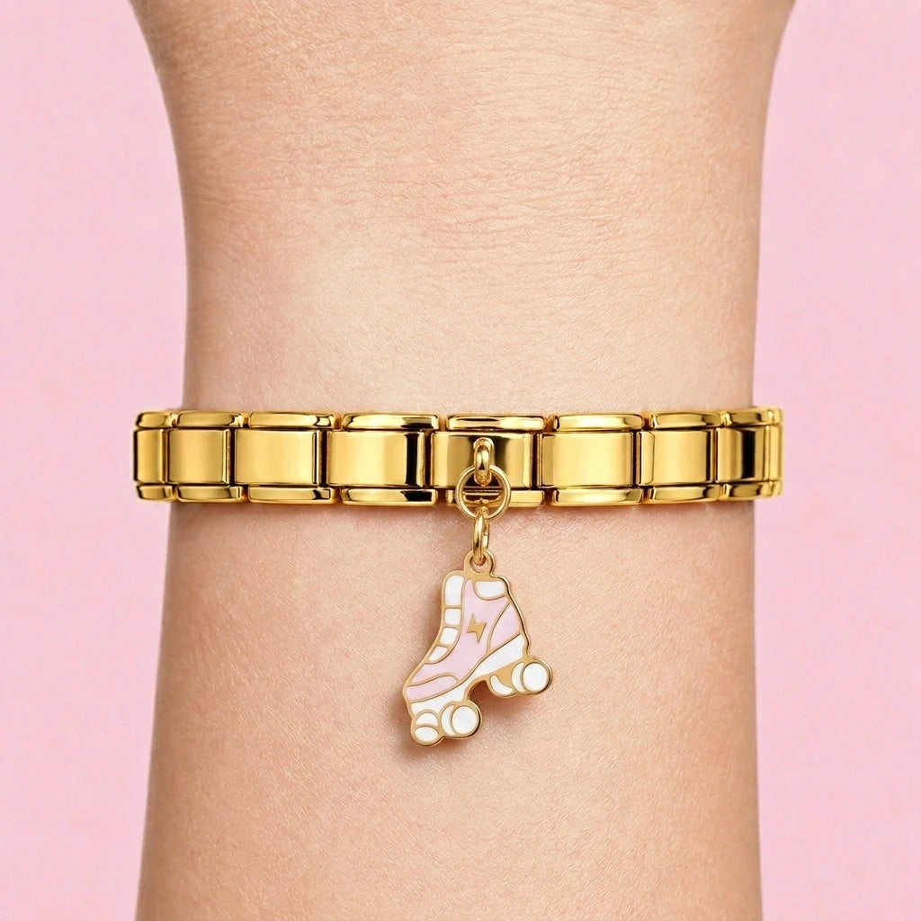 Roller skate dangle charm worn on a gold Italian bracelet