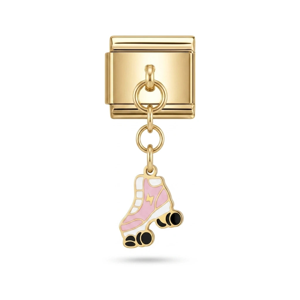 Pink roller skate dangle charm on gold Italian link
