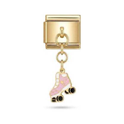 Pink roller skate dangle charm on gold Italian link
