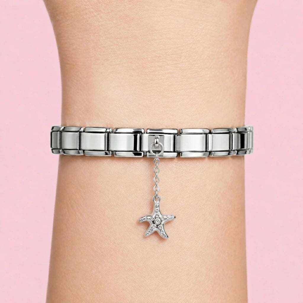 Sea star dangle charm worn on a silver Italian bracelet