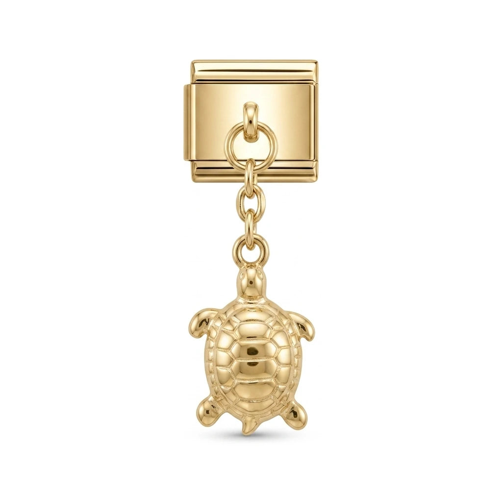 Sea turtle dangle charm on gold Italian link