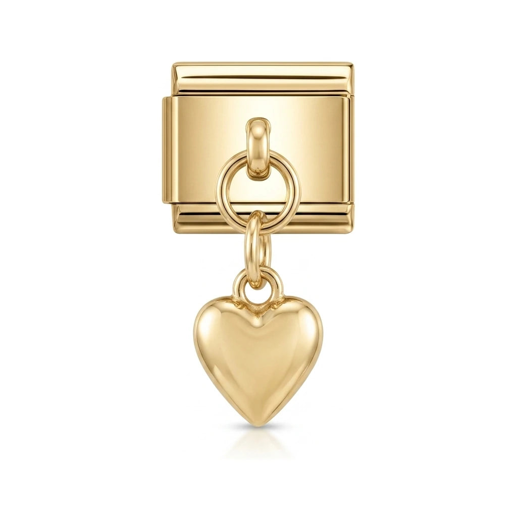 Slim elongated heart dangle charm on gold Italian link