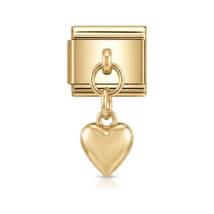 Slim elongated heart dangle charm on gold Italian link