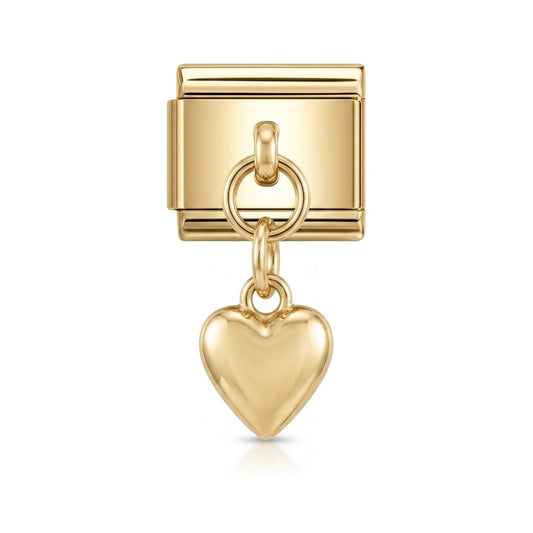 Slim elongated heart dangle charm on gold Italian link