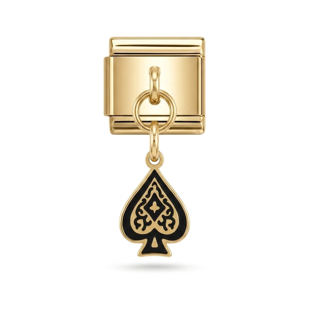 Black spade dangle charm on gold Italian link