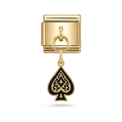 Black spade dangle charm on gold Italian link