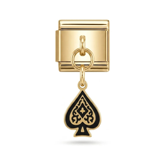 Black spade dangle charm on gold Italian link
