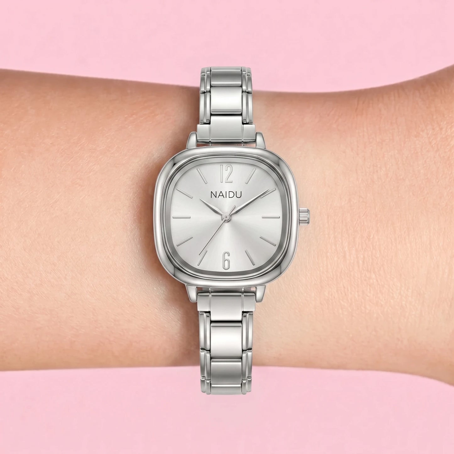 Square Watch — Silver Dial on wrist