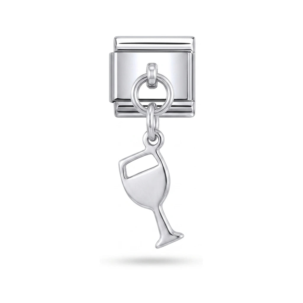 Wine glass dangle charm on silver Italian link